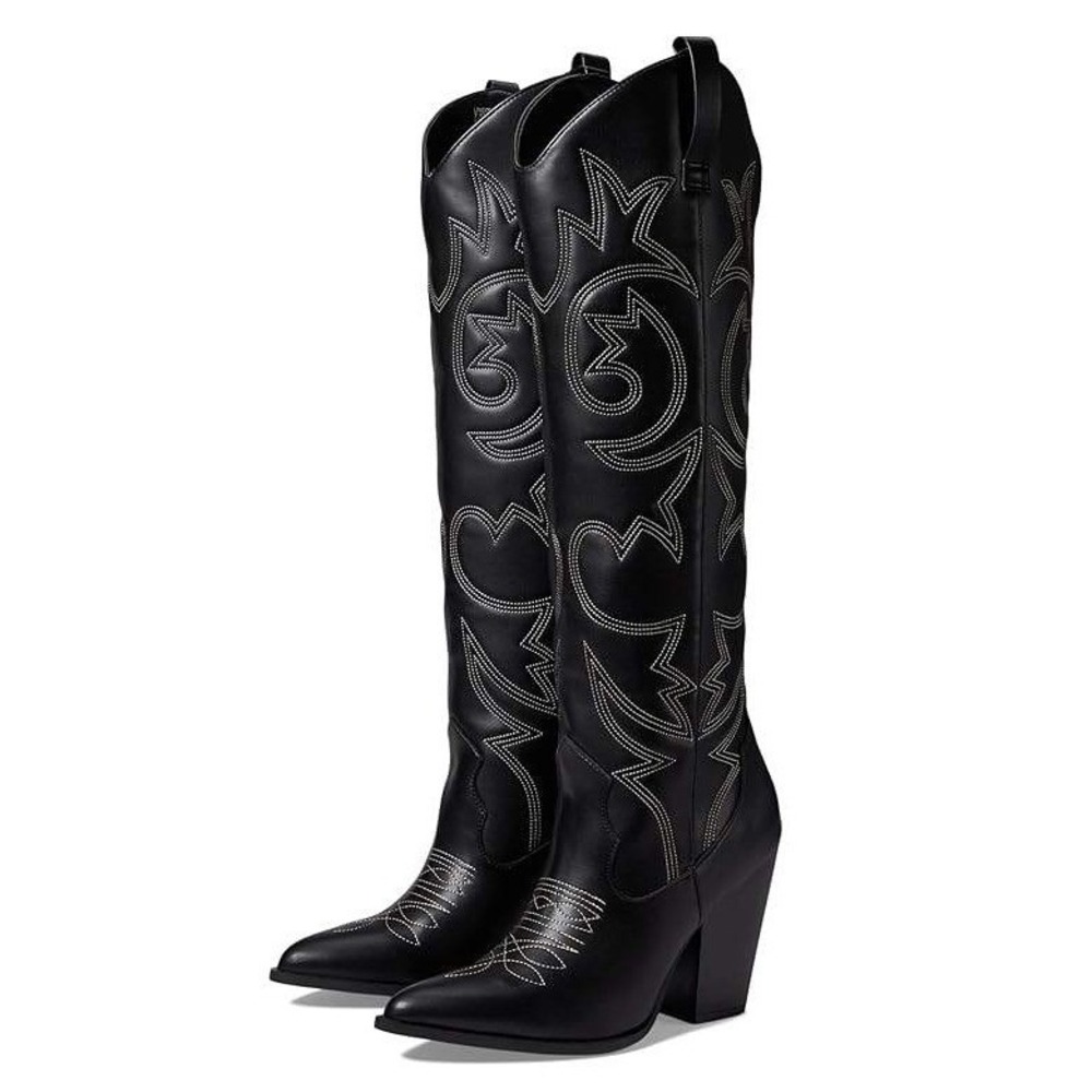 Steve Madden Black Embroidered Knee-High Western Heeled Boots